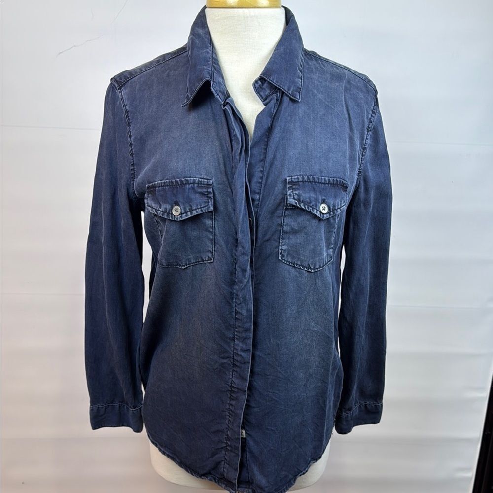Vintage Havana Blue Tencel Lace-up Back Blouse, Small